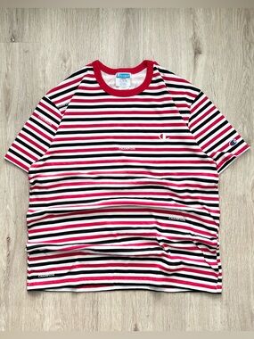 Vintage Y2K Champion Shirt Mens L Red Striped Embroidered Short Sleeve Spell Out